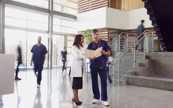 A doctor and a nurse stand in the middle of a hospital lobby reading the contents of a folder.